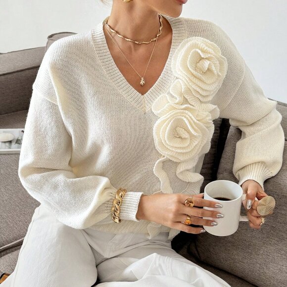 Apricot Casual Women's Elegant 3d Floral Decor Sweater - Picture 4 of 6